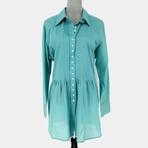 Soft Surroundings Top Womens Large Green Pleated Cotton Blouse Long Coastal